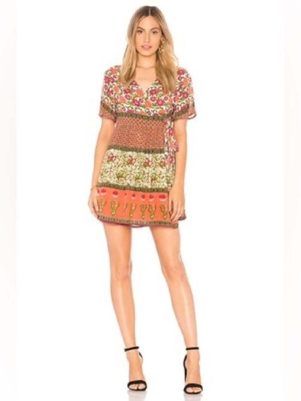 Raga Enchanted Forest Short Wrap Dress In Coral Size XS